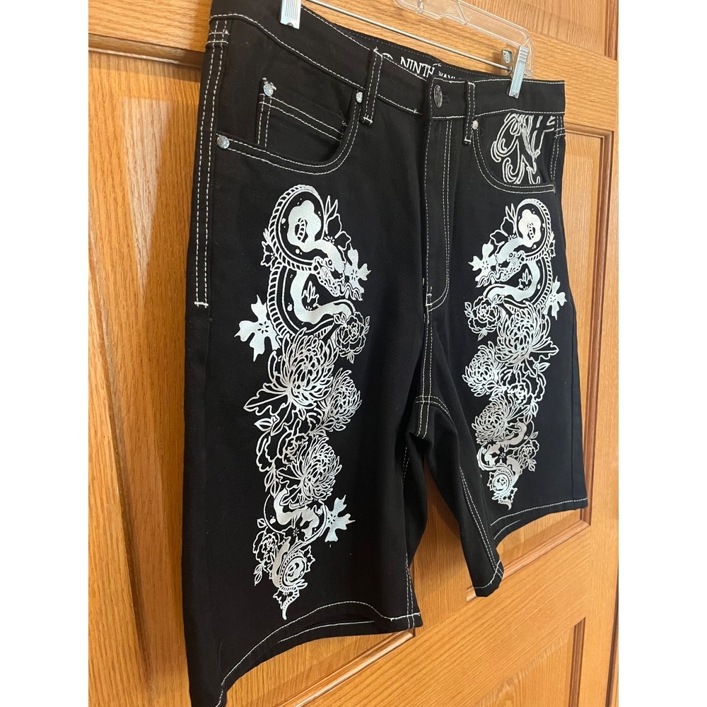 Cyber Y2K Grunge Skater Yakuza Streetwear GraphicJorts BlackSilver Ninth Hall 32 - Picture 6 of 9